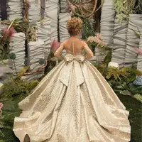 Flower Girl Dress Princess Illusion Sleeve with Bow Buttons Luscious Skirt Birthday Wedding Party Kids Bridesmaid - Thumbnail 1