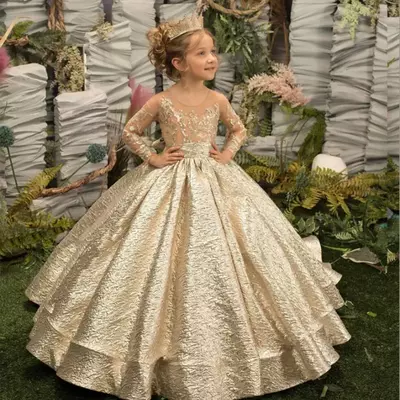 Flower girl dress princess illusion sleeve with bow buttons luscious skirt birthday wedding party kids bridesmaid