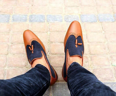 Handmade Tussle Leather Wing tip Slippers Casual Dress Wedding Loafer Shoes Men