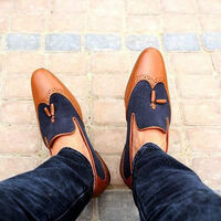 Handmade Tussle Leather Wing tip Slippers Casual Dress Wedding Loafer Shoes Men - Thumbnail 1