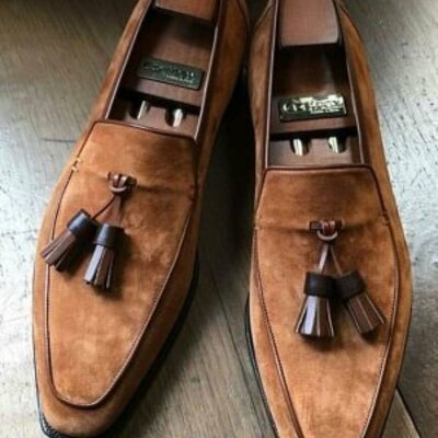 Handmade men’s tan color suede shoes, round toe slip on dress formal tussle