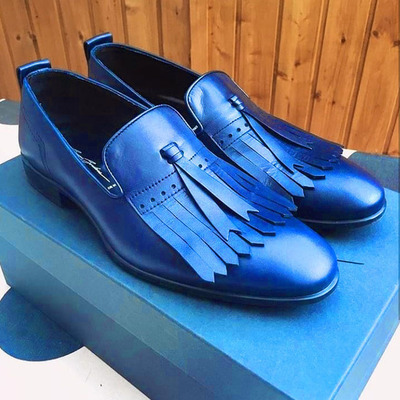 Blue fringed loafer slip ons rounded derby toe leather luxury real leather shoes