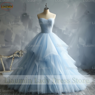 New Sky Blue Strapless Full Length Tull Prom Dress Evening Dress Custom Hand Made A4-1.3