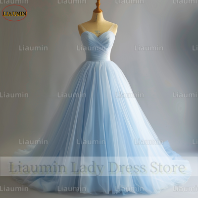 Sky blue tulle strapless full length tull prom dress evening dress custom hand made a4-1.4