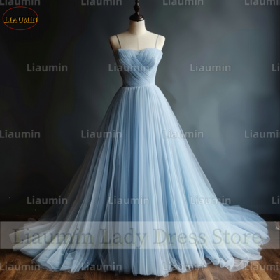 Sky Blue Strapless Full Length Tull Prom Dress Evening Dress Custom Hand Made A4-1.6