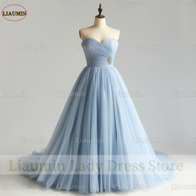 New sky blue strapless full length tull prom dress evening dress custom hand made a4-1.7