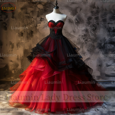 Red and Black Tulle Strapless Full Length Tull Prom Dress Evening Dress Custom Hand Made A4-2.1