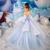 Princess Blue Flower Girl Dresses With Big Bow Sash A Line Crew Neck Sheer Long Sleeves Appliques Sequins Long Toddler Teens Pageant Party Gowns - Thumbnail 1