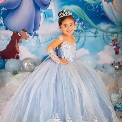 Princess blue flower girl dresses with big bow sash a line crew neck sheer long sleeves appliques sequins long toddler teens pageant party gowns