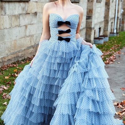 Strapless ruffle tiered prom dress with keyholes