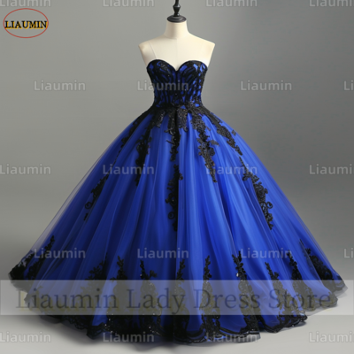 Blue and black lace applique strapless full length tull prom dress evening dress custom hand made a4-2.2 - Thumbnail 2