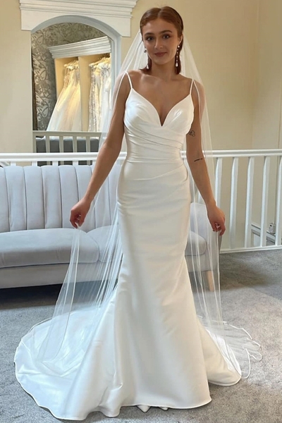 Spaghetti Strap Backless Trumpet Long Wedding Dress