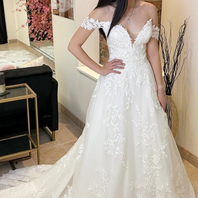 Off-the-shoulder sheer back  wedding dress with appliques