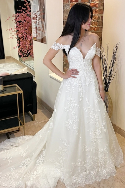 Off-the-Shoulder Sheer Back  Wedding Dress with Appliques