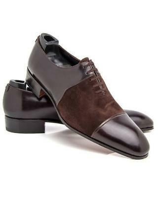 HANDMADE MEN TWO TONE FORMAL SHOE,BROWN LEATHER & SUEDE TOE CAP FULL UPPER SHOE