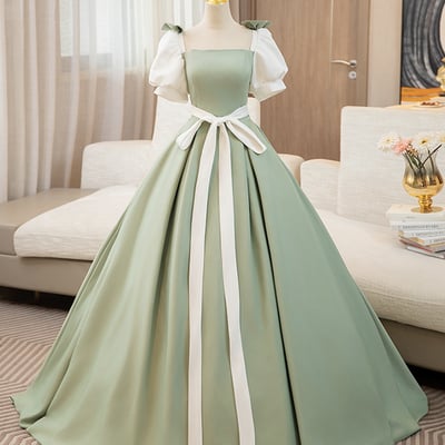 A-line white and green floor length prom dress - Thumbnail 2