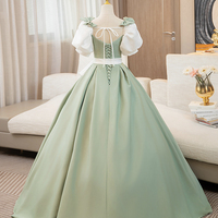 A-line White and Green Floor Length Prom Dress - Thumbnail 3