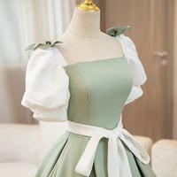 A-line White and Green Floor Length Prom Dress - Thumbnail 4