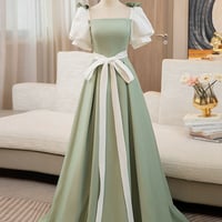 A-line White and Green Floor Length Prom Dress - Thumbnail 6