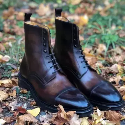 Handmade men's brown handmade burnish cap toe boots, men lace up ankle boot
