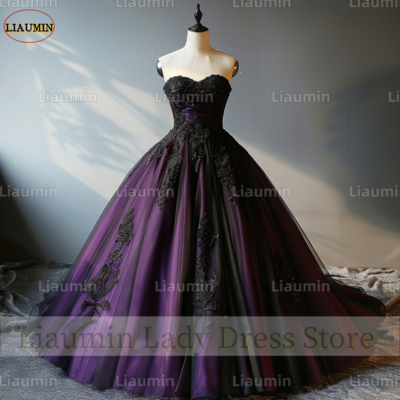 Purple and black lace applique strapless full length tull prom dress evening dress custom hand made a4-3.1