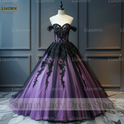 Purple tulle and black lace applique strapless full length tull prom dress evening dress custom hand made a4-3.2