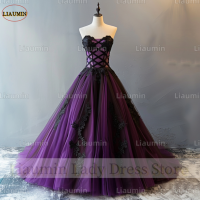 Purple tulle black lace applique strapless full length prom dress evening dress custom hand made a4-3.3