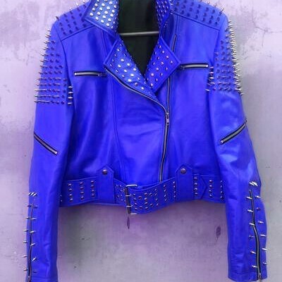 Crafted leather blue punk silver spiked studded leather brando style jacket - Thumbnail 4