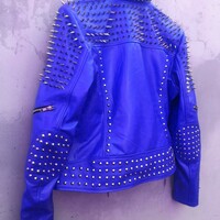 Crafted Leather Blue Punk Silver Spiked Studded Leather Brando Style Jacket - Thumbnail 1