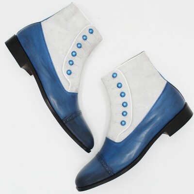 Crafted leather classic bespoke shoes blue leather white suede men ankle button dress boot - Thumbnail 3