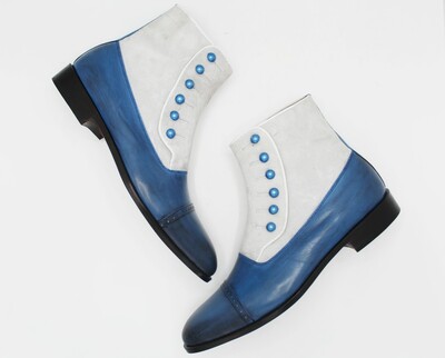 Crafted Leather Classic Bespoke Shoes Blue Leather White Suede Men Ankle Button Dress Boot