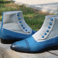 Crafted Leather Classic Bespoke Shoes Blue Leather White Suede Men Ankle Button Dress Boot - Thumbnail 2