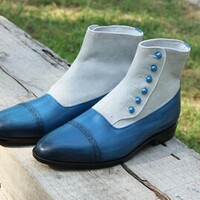 Crafted Leather Classic Bespoke Shoes Blue Leather White Suede Men Ankle Button Dress Boot - Thumbnail 4