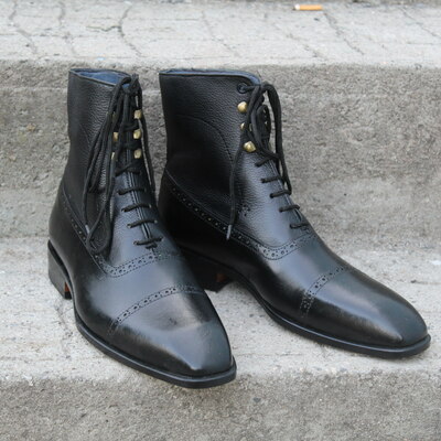 Crafted leather bespoke dress shoes classic black calf leather ankle high lace up boot - Thumbnail 1