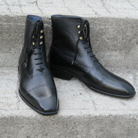 Crafted Leather Bespoke Dress Shoes Classic Black Calf Leather Ankle High Lace up Boot - Thumbnail 2