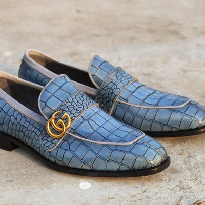 Crafted leather classic blue crocodile/alligator loafers dress shoes - Thumbnail 4