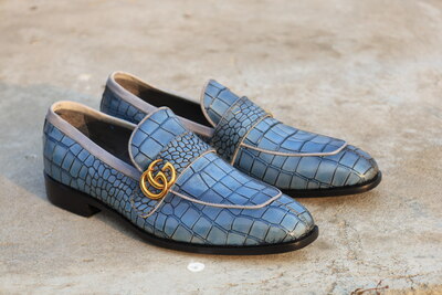 Crafted Leather Classic Blue Crocodile/Alligator Loafers Dress Shoes