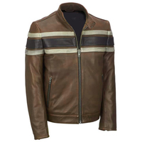 New Men's Brown Stripped Biker Leather Jacket Scooter Motorcycle fashion Jacket - Thumbnail 1