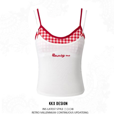 Fake two-piece sexy bra pad plaid knitted top