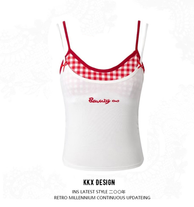 Fake two-piece sexy bra pad plaid knitted top