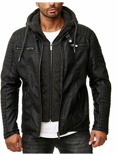 Red Bridge Men's Faux Leather Jacket Biker Jacket with Hood 2in1 2019