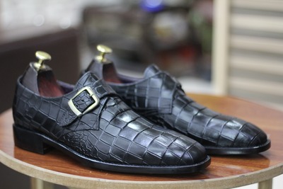 Handmade Black Alligator Texture Buckle Shoes, Men's Formal Shoes