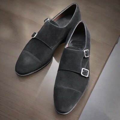 Best selling men's handmade black genuine suede double monk black shoes