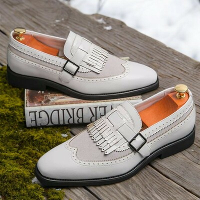 Handmade customized white leather frigne monk style dress shoes for men