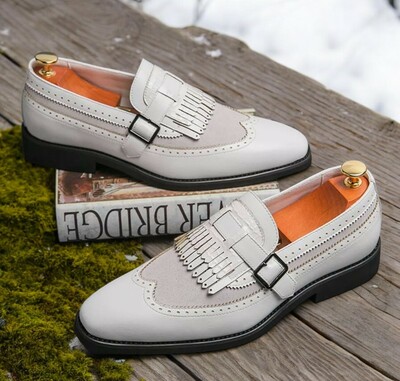 Handmade Customized White Leather Frigne Monk Style Dress Shoes For Men