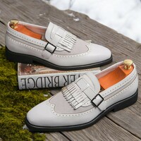 Handmade Customized White Leather Frigne Monk Style Dress Shoes For Men - Thumbnail 1