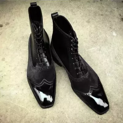 Handmade men's wingtip boots, men suede and leather ankle boots, men ankle boots