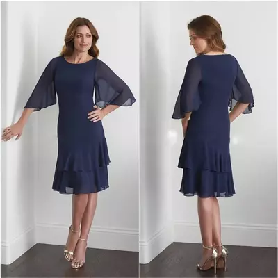 Navy Blue Mother Of The Bride/Groom Dress With Sleeves Knee Length Chiffon Elegant Wedding Party Guest Wear O Neck Formal Gowns 