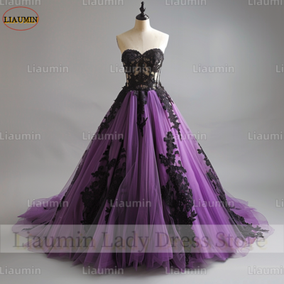 Purple tulle black lace applique strapless full length prom dress evening dress custom hand made a4-3.4