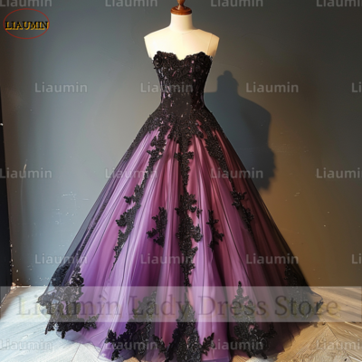 Purple and Black Lace Applique Strapless Full Length Tull Prom Dress Evening Dress Custom Hand Made A4-3.6